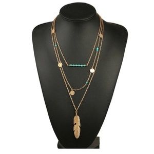 Turquoise Delicate Layered Boho Feather Necklace